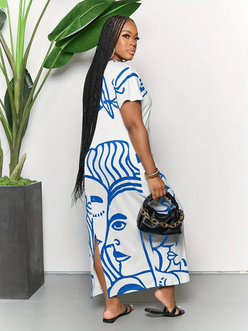 Plus Size Casual Dress, Women's Plus Abstract Figure Print Short Sleeve Round Neck Split Hem Medium Stretch Maxi Dress With Pockets
