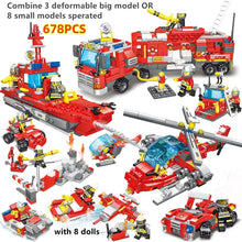 678pcs 8 In 3 City Fire Truck Fighting Building Blocks Set, Warship Deformable Combination Car Model W/8 Fireman Figures, Fire Brigade Themed Small Particles Bricks DIY Toys For Children