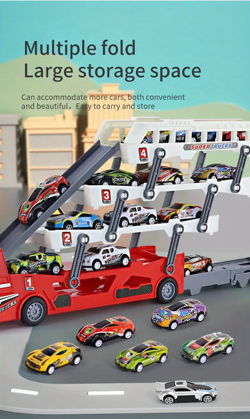 Ejection Mini Slide Alloy Container Car Engineering Car Multi-layer Can Receive Blue Racing Car With 6pcs Small Alloy Car Can Launch Car Inertia Pull-back Baby Birthday Gift Toys