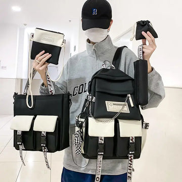 School Bag Female Primary School Students Travel Backpack Men Junior High School High School Students Korean Ins Tide Brand Large Capacity Casual Backpack Five-piece Set
