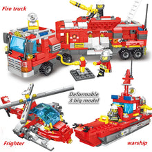 678pcs 8 In 3 City Fire Truck Fighting Building Blocks Set, Warship Deformable Combination Car Model W/8 Fireman Figures, Fire Brigade Themed Small Particles Bricks DIY Toys For Children