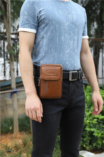 1pc Top Layer Cowhide Men's Mobile Phone Bag Wearing A Belt 5.5-6 Inch Men's Leather Pocket Multi-functional Crossbody Small Bag Mini Bag