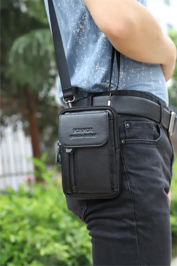 1pc Top Layer Cowhide Men's Mobile Phone Bag Wearing A Belt 5.5-6 Inch Men's Leather Pocket Multi-functional Crossbody Small Bag Mini Bag