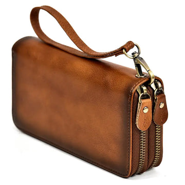 Men's Genuine Leather Double Layer Clutch Bag - Retro Crazy Horse Leather Wallet with Zipper