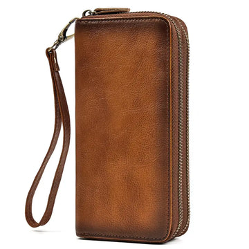 Men's Genuine Leather Double Layer Clutch Bag - Retro Crazy Horse Leather Wallet with Zipper