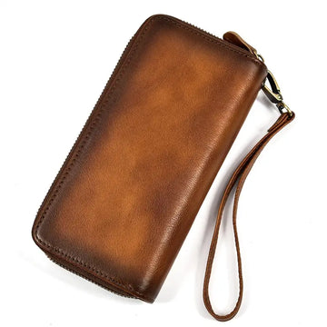 Men's Genuine Leather Double Layer Clutch Bag - Retro Crazy Horse Leather Wallet with Zipper