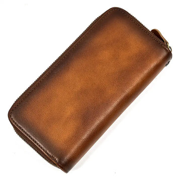 Men's Genuine Leather Double Layer Clutch Bag - Retro Crazy Horse Leather Wallet with Zipper