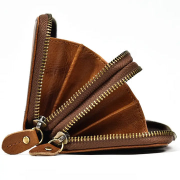 Men's Genuine Leather Double Layer Clutch Bag - Retro Crazy Horse Leather Wallet with Zipper