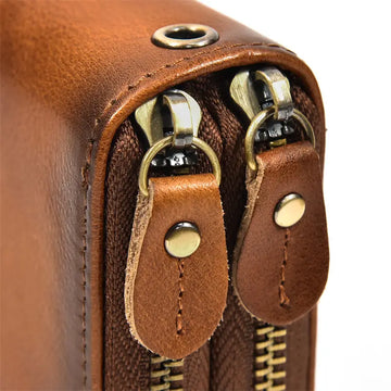 Men's Genuine Leather Double Layer Clutch Bag - Retro Crazy Horse Leather Wallet with Zipper