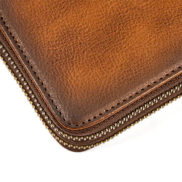Men's Genuine Leather Double Layer Clutch Bag - Retro Crazy Horse Leather Wallet with Zipper
