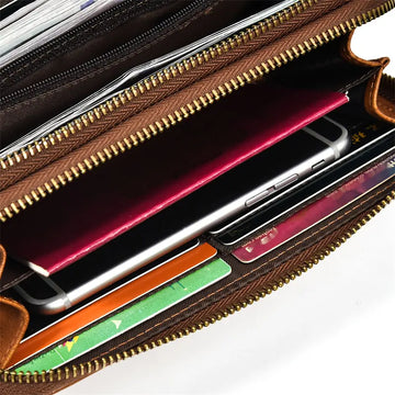 Men's Genuine Leather Double Layer Clutch Bag - Retro Crazy Horse Leather Wallet with Zipper