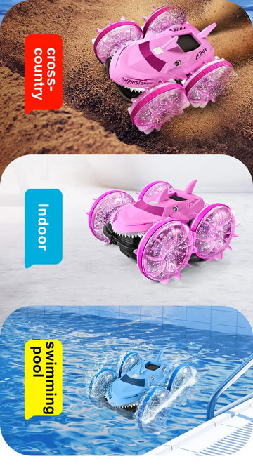 Shark Amphibious RC Car Dual Side Drive Multifunctional Stunt Car Waterproof Dual Remote Control 360° Rotating Dazzling RC Toy