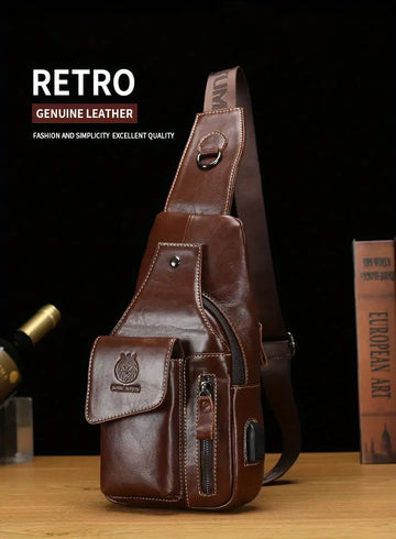 SCHLATUM Men's Vintage Genuine Leather Shoulder Bag Crossbody Bag, Outdoor Sports Travel Crossbody Bag With Earphone Hole