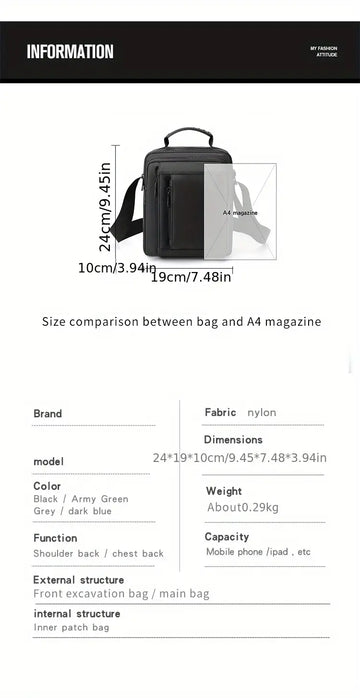 Men's Casual Vertical Small Square Shoulder Bag, Waterproof Nylon Multi-layer Zipper Handbag Crossbody Bag
