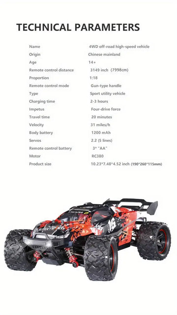 4WD Drift 2.4GHZ Big Truck With 31km/h High Speed Racing, Powerful Motor, High Quality Material, All Terrain Available, Resistant Tires, Birthday Gift For Boys And Girls