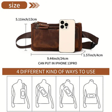 Casual Vintage Genuine Leather Waist Bag, Slim Mobile Phone Bag, Retro Crossbody Bag