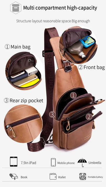 Men's Leather Chest Bag - Fashionable, Wear-Resistant & Large Capacity for Sports & Messaging