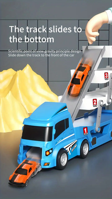 Ejection Mini Slide Alloy Container Car Engineering Car Multi-layer Can Receive Blue Racing Car With 6pcs Small Alloy Car Can Launch Car Inertia Pull-back Baby Birthday Gift Toys