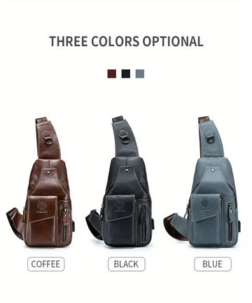 SCHLATUM Men's Vintage Genuine Leather Shoulder Bag Crossbody Bag, Outdoor Sports Travel Crossbody Bag With Earphone Hole