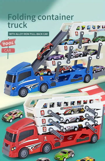 Ejection Mini Slide Alloy Container Car Engineering Car Multi-layer Can Receive Blue Racing Car With 6pcs Small Alloy Car Can Launch Car Inertia Pull-back Baby Birthday Gift Toys
