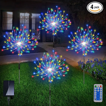 4pcs Solar Plug Strip Remote Control Outdoor Fireworks Lights Single 120pcs LED Copper Wire Waterproof Christmas Easter Holiday,Balcony Garden Aisle Patio Trail Lawn Fireworks Lights (Color)