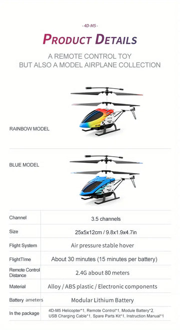 3.5 Channel RC Helicopter 2.4G Wireless Remote Control 4D-M5 Aluminum Alloy Material Aircraft Model, Mini Drone With 2 Batteries, Children's Toys Gift