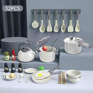 UNO1RC 32Pcs Kids Play Kitchen Toys Set, Toddlers Pretend Cooking Playset Acccessories with Pots Pans, Utensils Cookware, Foods, Canned Veges, Learning Gift for Kids Girls Boys (White)