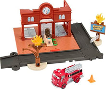 UNO1RC Disney and Pixar Cars on the Road Toys, Red's Fire Station Playset with Die-Cast Fire Truck & Kid-Activated Action