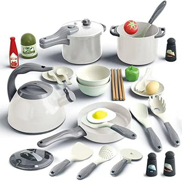UNO1RC 32Pcs Kids Play Kitchen Toys Set, Toddlers Pretend Cooking Playset Acccessories with Pots Pans, Utensils Cookware, Foods, Canned Veges, Learning Gift for Kids Girls Boys (White)