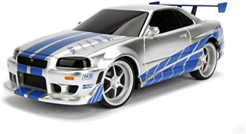 UNO1RC Toys Fast & Furious 1:24 2002 Nissan GT-R R34 Remote Control Car RC with 2.4GHz, Toys for Kids and Adults (99371), Silver