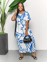 Plus Size Casual Dress, Women's Plus Abstract Figure Print Short Sleeve Round Neck Split Hem Medium Stretch Maxi Dress With Pockets