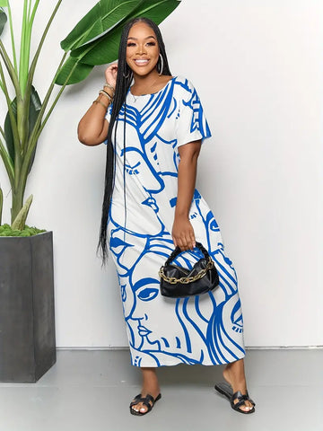Plus Size Casual Dress, Women's Plus Abstract Figure Print Short Sleeve Round Neck Split Hem Medium Stretch Maxi Dress With Pockets
