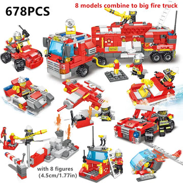 678pcs 8 In 3 City Fire Truck Fighting Building Blocks Set, Warship Deformable Combination Car Model W/8 Fireman Figures, Fire Brigade Themed Small Particles Bricks DIY Toys For Children