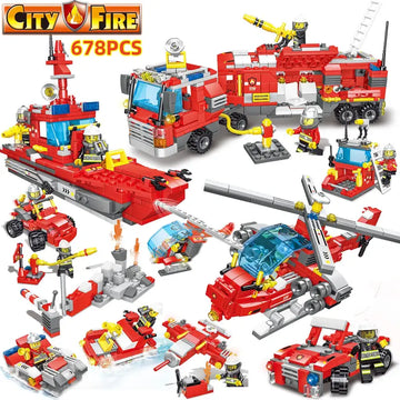 678pcs 8 In 3 City Fire Truck Fighting Building Blocks Set, Warship Deformable Combination Car Model W/8 Fireman Figures, Fire Brigade Themed Small Particles Bricks DIY Toys For Children