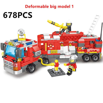 678pcs 8 In 3 City Fire Truck Fighting Building Blocks Set, Warship Deformable Combination Car Model W/8 Fireman Figures, Fire Brigade Themed Small Particles Bricks DIY Toys For Children