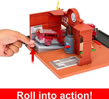 UNO1RC Disney and Pixar Cars on the Road Toys, Red's Fire Station Playset with Die-Cast Fire Truck & Kid-Activated Action