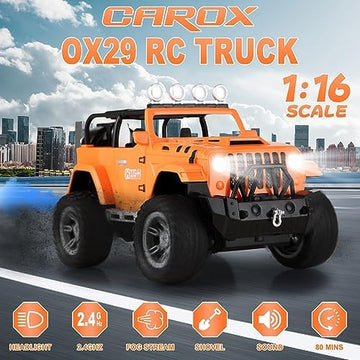 UNO1RC Remote Control car for Boys 4-7 Truck,1:16 Scale with 2 Batteries for 80 Mins Play, 2.4Ghz Off Road RC Trucks Spray Engine Sound LED Light RC Monster Truck for Boys 5-10, OX29 (Orange)