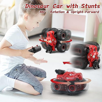 UNO1RC Remote Control Dinosaur Car, 2.4GHz RC Monster Trucks for Boys with Spray, Light & Sound, All Terrain RC Cars with 2 Batteries, Dinosaur Toys for Kids 3 4 5 6 7 8, Christmas Birthday Gift