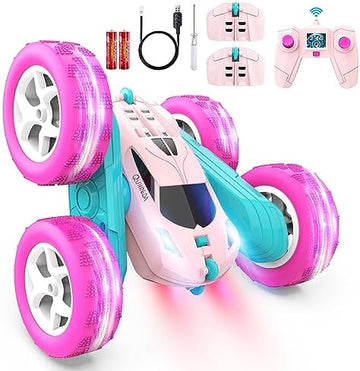 UNO1RC RC Cars, Pink Remote Control Car for Girls, 2.4 GHZ Double Sided RC Stunt Car 360° Rotating Remote Control Crawler with Headlights Car Toys for 6 7 8 9 10 11 12 Girls Birthday