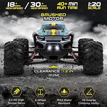 UNO1RC Remote Control Car, Hobby Grade RC Car 1:20 Scale Brushed Motor with Two Batteries, 4x4 Off-Road Waterproof RC Truck, Fast RC Cars for Adults, RC Cars, Remote Control Truck, Gifts for Kids