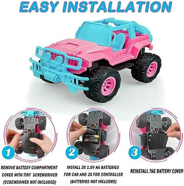 UNO1RC Control Car for Girls, Pink RC Cars with 2 Sets DIY Stickers, 1:20 Scale Remote Control Truck with LED Headlights, Girls Jeep Car Toys for 4 5 6 7 8 Years Old Toddlers Kids Birthday Gifts