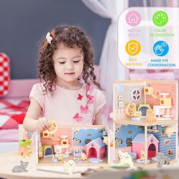 UNO1RC Cat and Dog Pretend Playset for Kids, 50Pcs Interactive Pet Figurines Toys, Toddlers Stem Building Dollhouse Montessori Toy, Care House Educational Role Play Gifts Boys Girls