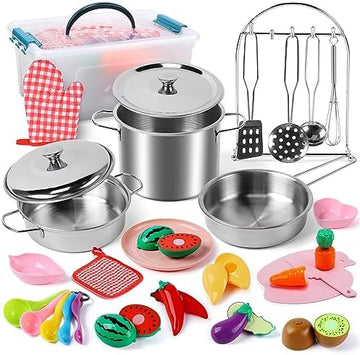 UNO1RC STONE Pretend Play Kitchen Accessories Toy, Kids Kitchen Playset with Stainless Steel Play Pots and Pans, Cutting Play Food. Storage Box, Cooking Utensils, Kids Cooking Set for Boys Girls