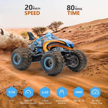 UNO1RC 1:16, 2.4 GHz All Terrain Monster Truck, RC Truck 2 Rechargeable Batteries for 80 Mins Play, Spray Remote Control Car for Boys 8-12 and Girls or Adult, MK724A