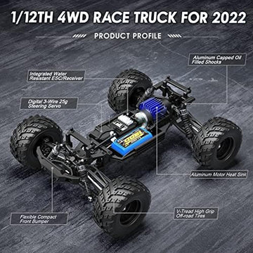 UNO1RC 1:12 Scale RC Cars 903 RC Monster Truck, 38 km/h Speed Hobby Fast Remote Control Trucks for Kids and Adults Toy Gifts, 2.4 GHz 4WD Electric Powered, Ready to Run, 40+ Min Playtime