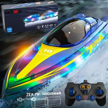 UNO1RC RC Boat with LED Light for Kids and Adults - Remote Control Boat for Pools and Lakes 2.4 GHZ RC Boats with 2 Rechargeable Battery