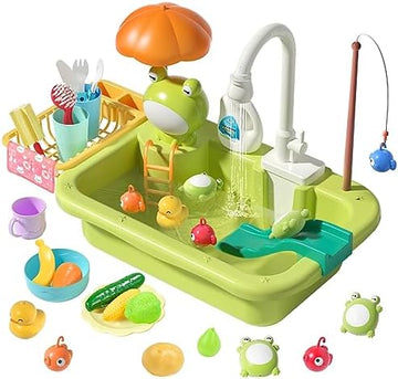 UNO1RC STONE Play Sink with Running Water, Kitchen Sink Toys with Upgraded Electric Faucet, Play Kitchen Toy Accessories, Pool Floating Fishing Toys for Water Play, Kids Role Play Dishwasher Toy