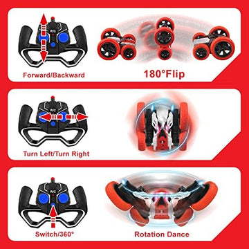 UNO1RC Stunt Car for Kids - OWNONE Double Side Remote Control Car for Boys, 360°Flips Rotating Stunt Car with LED Lights, 4WD 2.4Ghz Rechargeable Stunt Remote Control Car Toy (Red)