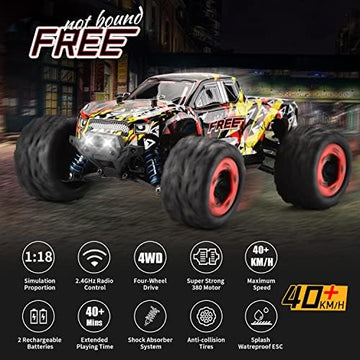 UNO1RC 1:18 Scale 40+km/h High Speed Remote Control Car, 4x4 Waterproof Off Road RC Cars, Fast 2.4GHz All Terrain Toy Trucks Gifts for Boys and Adults, 2 Batteries for 40mins Fun