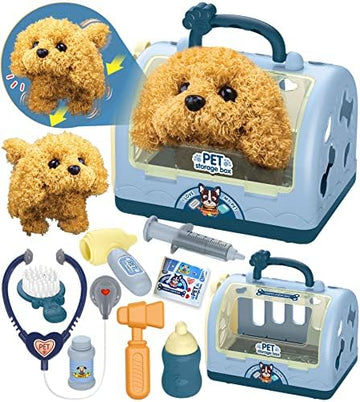 UNO1RC Pet Care Playset Robot Dog Toys for Kids, 12Pcs Kids Vet Playset Toys Veterinarian Kit Doctor Kit & Interactive Electric Dog Plush & Cage Pretend Play Gifts for Girls Toddlers 3 4 5 6 7 Year Old